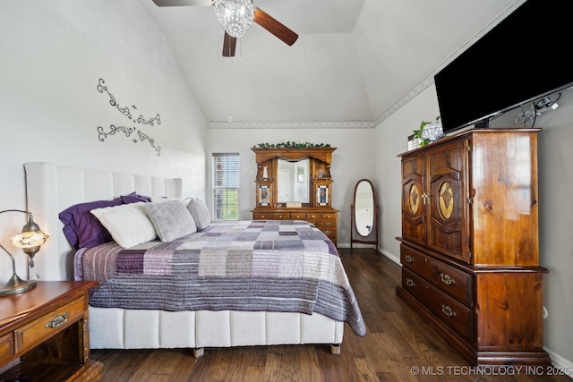 5757 W 181st St S, Mounds, OK 74047 - bedroom with high vaulted ceiling, dark wood-type flooring, and ceiling fan