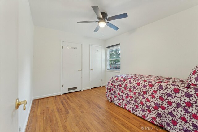 1401 E S Ave, Mcalester, OK 74501 - bedroom with wood finished floors, baseboards, and a ceiling fan