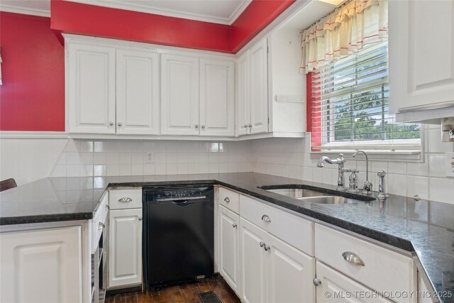 1401 E S Ave, Mcalester, OK 74501 - kitchen featuring black dishwasher, a sink, white cabinetry, and crown molding