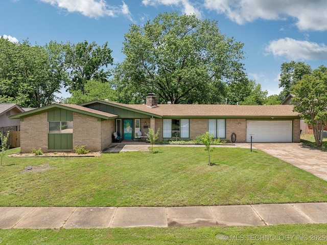 5212 S 68th E Pl, Tulsa, OK 74145 - view of front of home with brick siding, a garage, a chimney, driveway, and board and batten siding