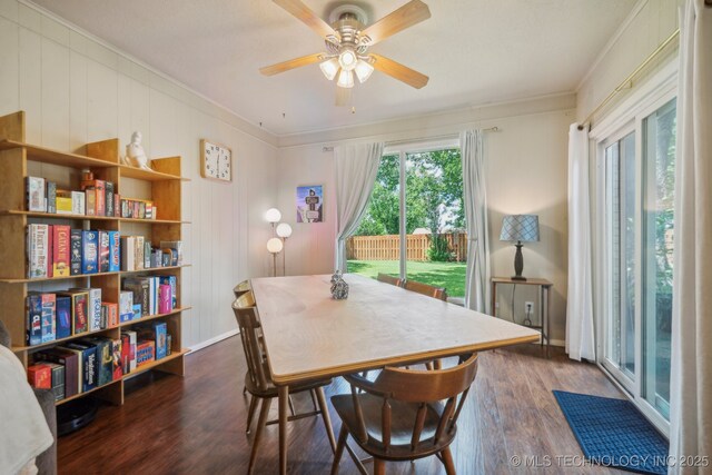 5212 S 68th E Pl, Tulsa, OK 74145 - dining area featuring crown molding, wood finished floors, and a ceiling fan
