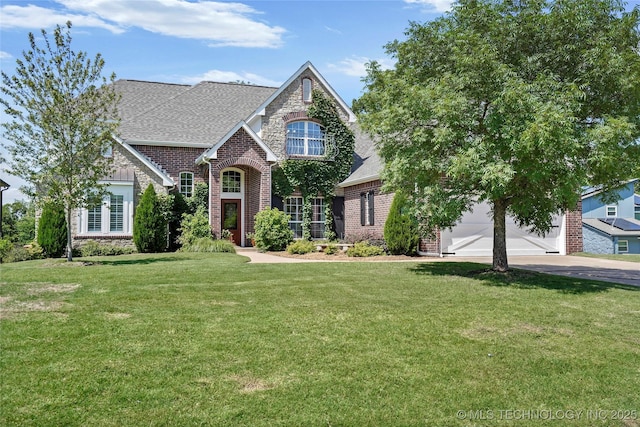 465 E 113th St S, Jenks, OK 74037 - view of front of property featuring brick siding, a front yard, concrete driveway, stone siding, and roof with shingles