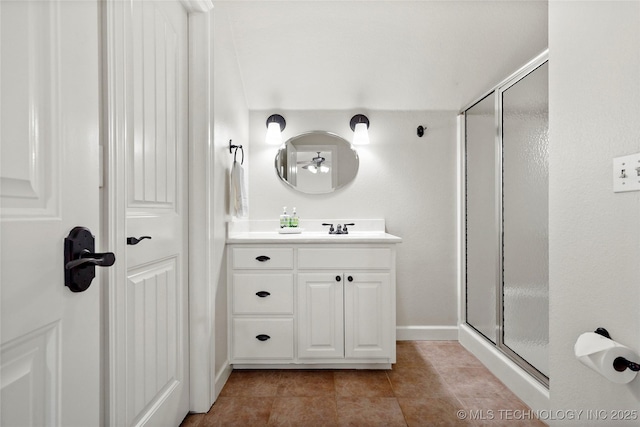 465 E 113th St S, Jenks, OK 74037 - full bath with a stall shower, vanity, tile patterned floors, and baseboards