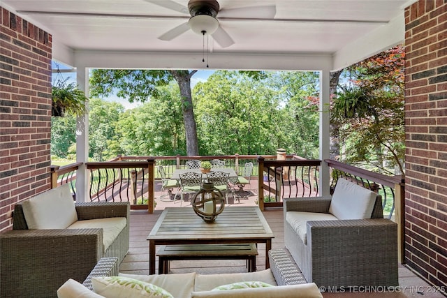 465 E 113th St S, Jenks, OK 74037 - wooden deck featuring an outdoor hangout area, ceiling fan, and outdoor dining area