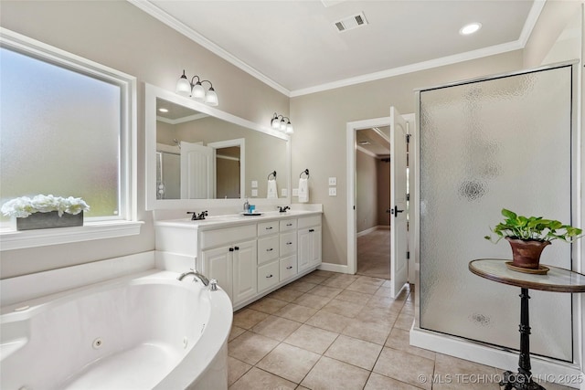 465 E 113th St S, Jenks, OK 74037 - full bathroom with a stall shower, double vanity, a tub with jets, tile patterned flooring, and ornamental molding