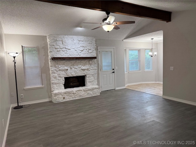 211 E Waco Pl, Broken Arrow, OK 74011 - unfurnished living room with a fireplace, a ceiling fan, wood finished floors, a chandelier, and baseboards