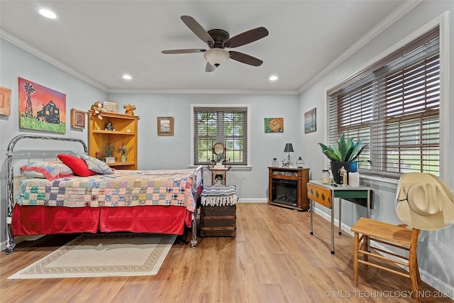 1307 Chickasaw Rd, Calera, OK 74730 - bedroom featuring ornamental molding, wood finished floors, recessed lighting, and ceiling fan