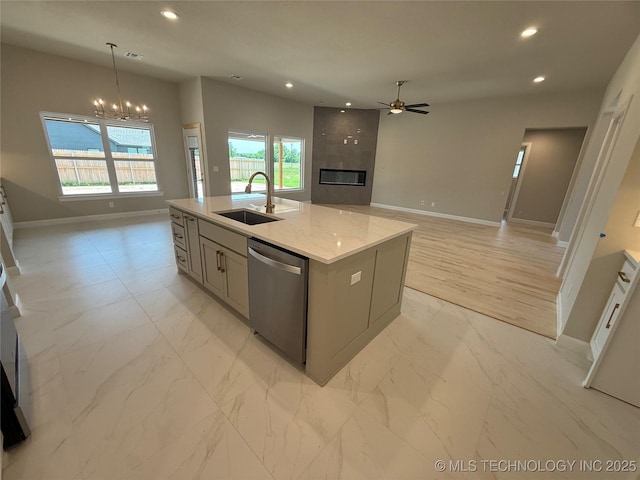 22832 E 106th Pl S, Broken Arrow, OK 74014 - kitchen featuring dishwasher, a sink, a ceiling fan, a chandelier, and baseboards