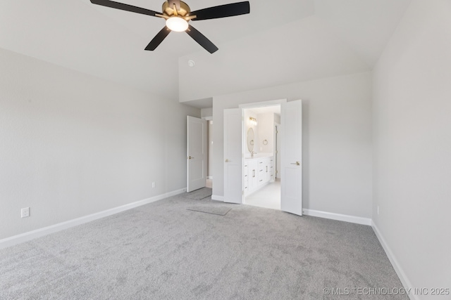 22832 E 106th Pl S, Broken Arrow, OK 74014 - unfurnished bedroom with light colored carpet, vaulted ceiling, ensuite bathroom, and a ceiling fan