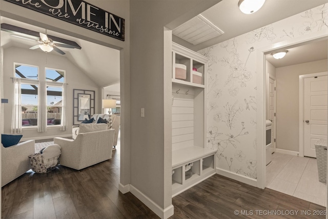 23107 E 104th Pl S, Broken Arrow, OK 74014 - mudroom with wood finished floors, vaulted ceiling, baseboards, and ceiling fan