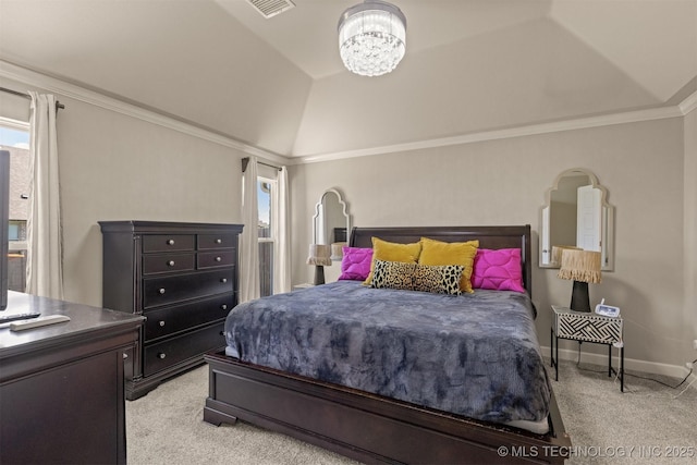 23107 E 104th Pl S, Broken Arrow, OK 74014 - bedroom featuring light carpet, crown molding, vaulted ceiling, baseboards, and a chandelier