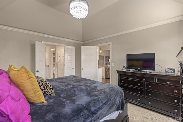 23107 E 104th Pl S, Broken Arrow, OK 74014 - bedroom featuring vaulted ceiling, ornamental molding, a chandelier, light carpet, and connected bathroom
