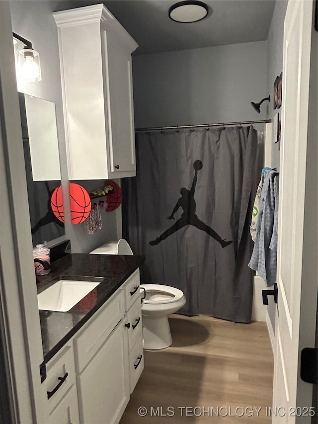 128 Crimson Ln, Calera, OK 74730 - bathroom featuring wood finished floors, vanity, toilet, and a shower with shower curtain