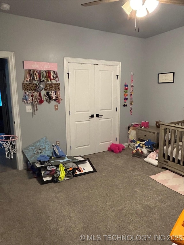 128 Crimson Ln, Calera, OK 74730 - bedroom with carpet, a closet, and a ceiling fan
