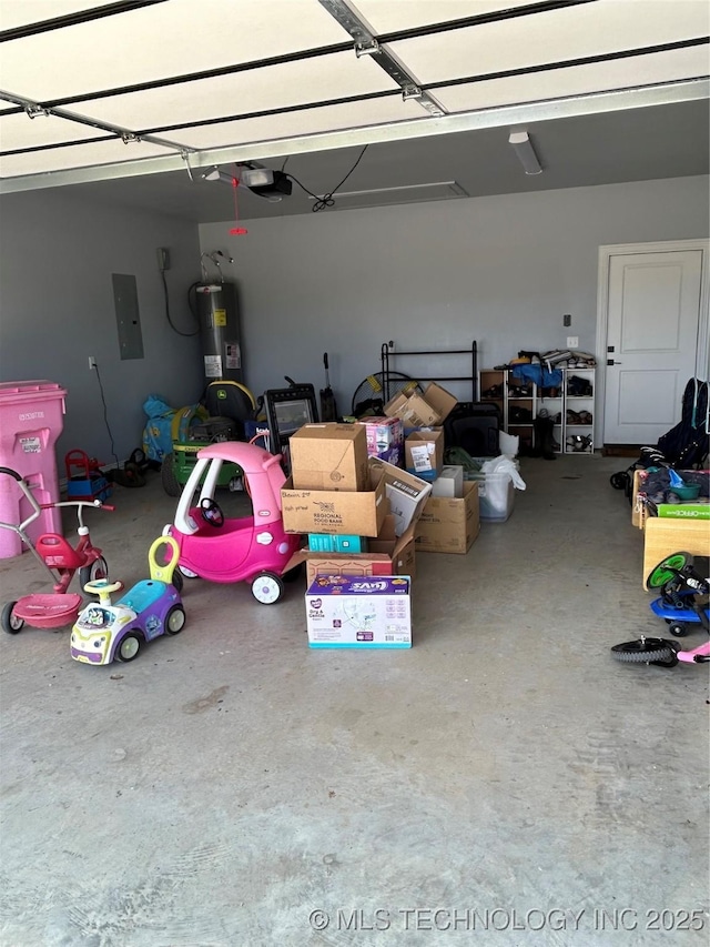 128 Crimson Ln, Calera, OK 74730 - garage featuring water heater, a garage door opener, and electric panel