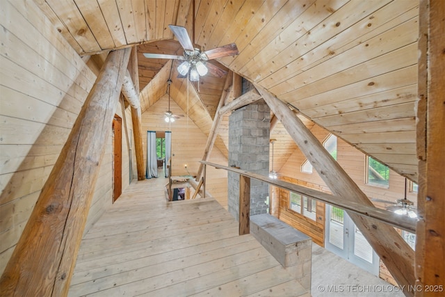 21745 E 660th Rd, Tahlequah, OK 74464 - additional living space with wooden ceiling, wood walls, vaulted ceiling, ceiling fan, and hardwood / wood-style floors