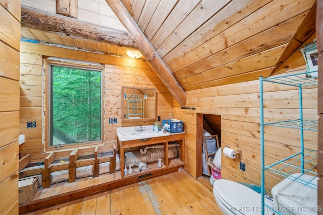 21745 E 660th Rd, Tahlequah, OK 74464 - half bathroom featuring wood walls, wood ceiling with exposed beams, toilet, hardwood / wood-style flooring, and vanity