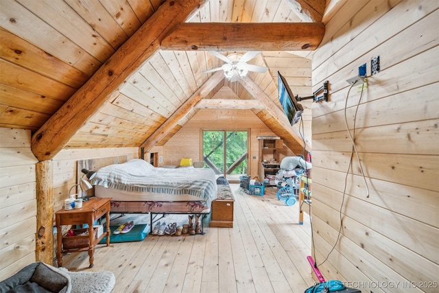 21745 E 660th Rd, Tahlequah, OK 74464 - bedroom with wooden walls, wood ceiling, and hardwood / wood-style floors