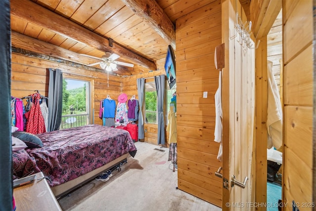 21745 E 660th Rd, Tahlequah, OK 74464 - bedroom featuring wooden walls, access to exterior, and wooden ceiling with exposed beams