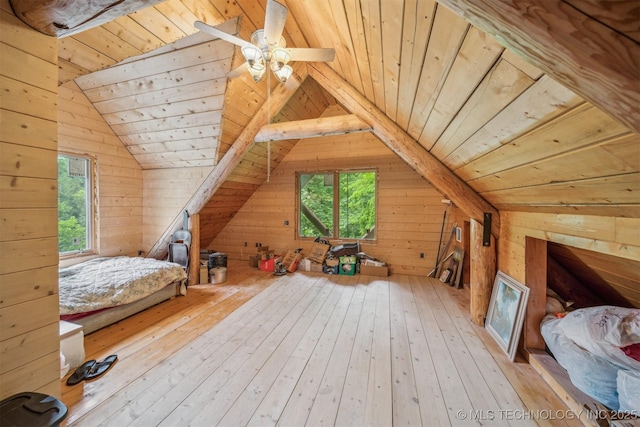 21745 E 660th Rd, Tahlequah, OK 74464 - unfurnished bedroom featuring wooden ceiling, wood walls, wood-type flooring, and lofted ceiling