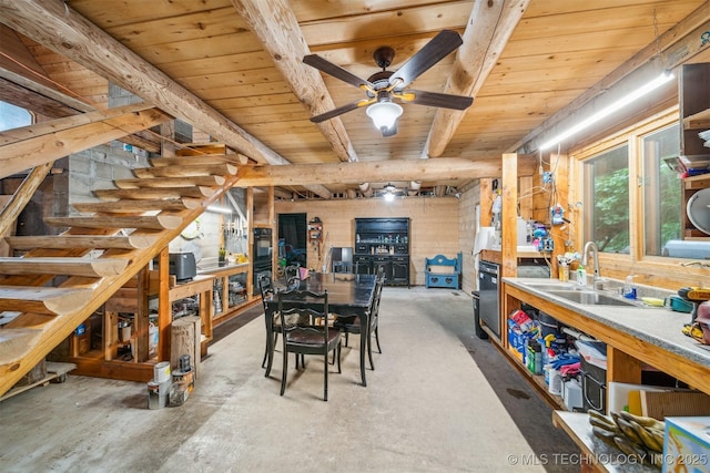 21745 E 660th Rd, Tahlequah, OK 74464 - dining room featuring wood ceiling with exposed beams, a workshop area, concrete flooring, and a ceiling fan