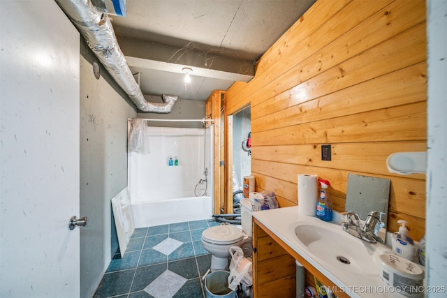 21745 E 660th Rd, Tahlequah, OK 74464 - full bath featuring toilet, wooden walls, vanity, shower / bathtub combination with curtain, and tile patterned flooring