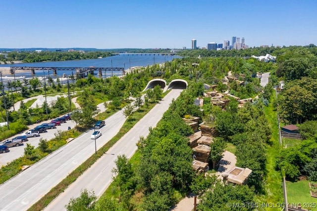 953 E 37th St, Tulsa, OK 74105 - drone / aerial view of a nearby body of water, a tree filled landscape, and a notable bridge