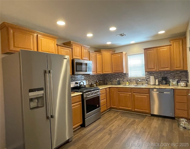 141 W Fairlane Pl, Sapulpa, OK 74066 - kitchen with appliances with stainless steel finishes, a sink, tasteful backsplash, dark wood-style flooring, and recessed lighting