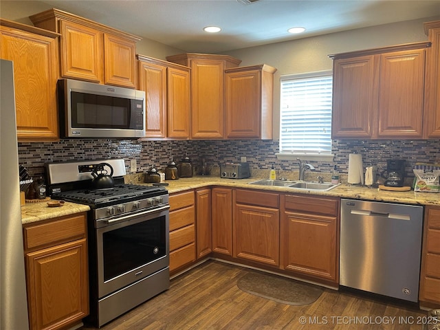 141 W Fairlane Pl, Sapulpa, OK 74066 - kitchen featuring appliances with stainless steel finishes, a sink, tasteful backsplash, dark wood-style flooring, and recessed lighting