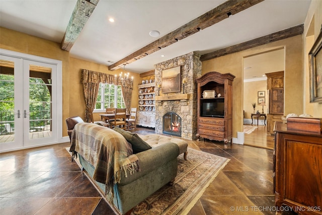 10144 N Dover Pl, Owasso, OK 74055 - living room with beamed ceiling, french doors, a chandelier, and a stone fireplace