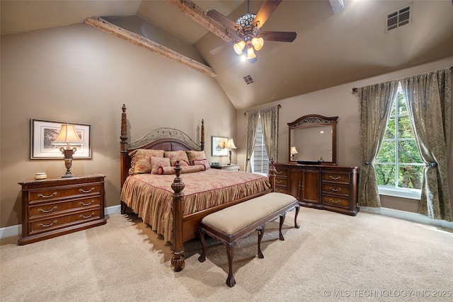 10144 N Dover Pl, Owasso, OK 74055 - bedroom featuring light colored carpet, high vaulted ceiling, and ceiling fan