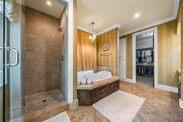 10144 N Dover Pl, Owasso, OK 74055 - full bath with a stall shower, a bath, ornamental molding, and a spacious closet