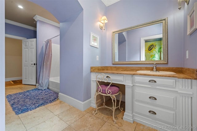10144 N Dover Pl, Owasso, OK 74055 - bathroom featuring ornamental molding, vanity, shower / bath combo with shower curtain, and tile patterned floors