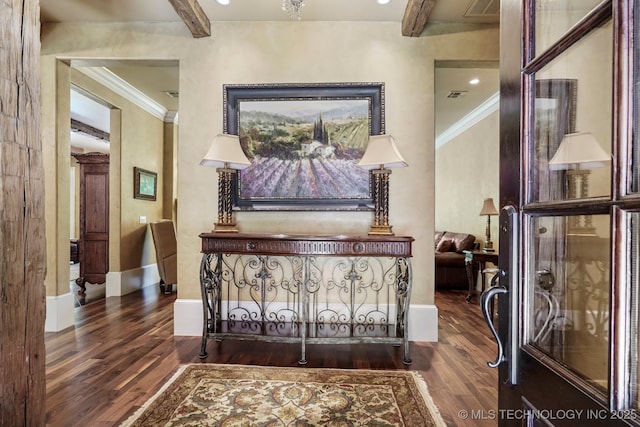 10144 N Dover Pl, Owasso, OK 74055 - hall with wood finished floors, beam ceiling, and ornamental molding