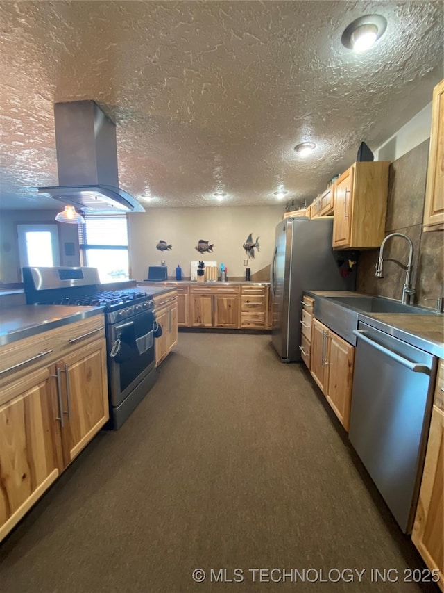 11477 State Highway 70, Madill, OK 73446 - kitchen with stainless steel appliances, island range hood, a textured ceiling, dark carpet, and a sink