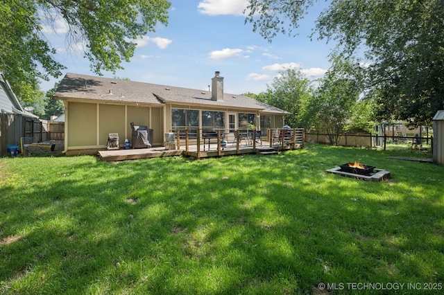 4509 W Toledo St, Broken Arrow, OK 74012 - back of property featuring an outdoor fire pit, a fenced backyard, a deck, and a chimney