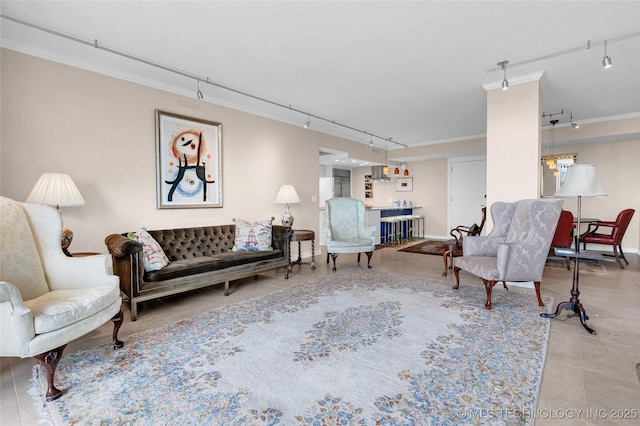 2300 Riverside Dr Unit 7A, Tulsa, OK 74114 - living area with track lighting, crown molding, and tile patterned floors