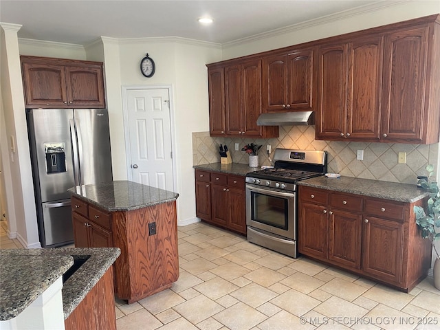 1816 W Sandusky St, Broken Arrow, OK 74012 - kitchen with stainless steel appliances, extractor fan, a kitchen island, tasteful backsplash, and ornamental molding