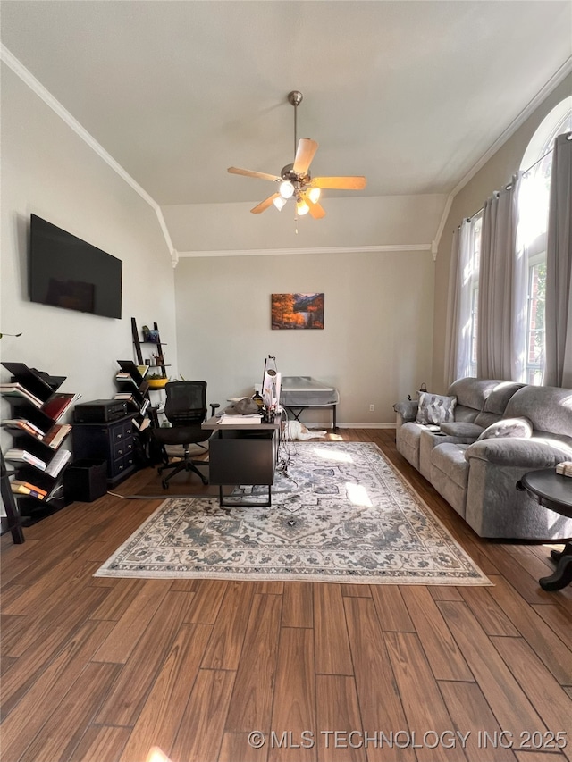 1816 W Sandusky St, Broken Arrow, OK 74012 - living room with ornamental molding, wood finished floors, a ceiling fan, vaulted ceiling, and an office area