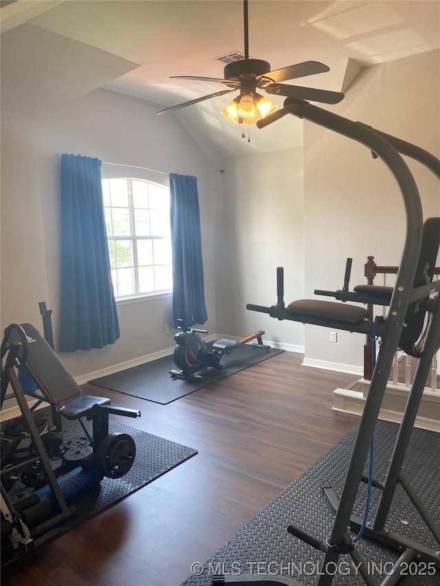 1816 W Sandusky St, Broken Arrow, OK 74012 - exercise area with vaulted ceiling, wood finished floors, a ceiling fan, and baseboards