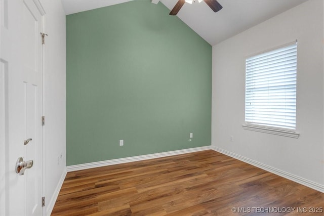 153 Founders Ln, Durant, OK 74701 - empty room featuring ceiling fan, wood finished floors, vaulted ceiling, and baseboards