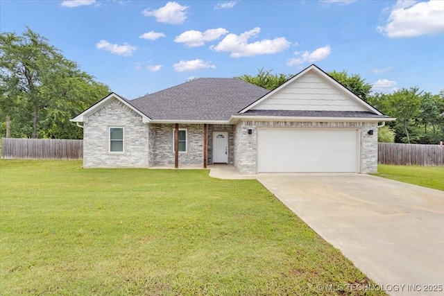153 Founders Ln, Durant, OK 74701 - ranch-style home with driveway, an attached garage, a shingled roof, and brick siding