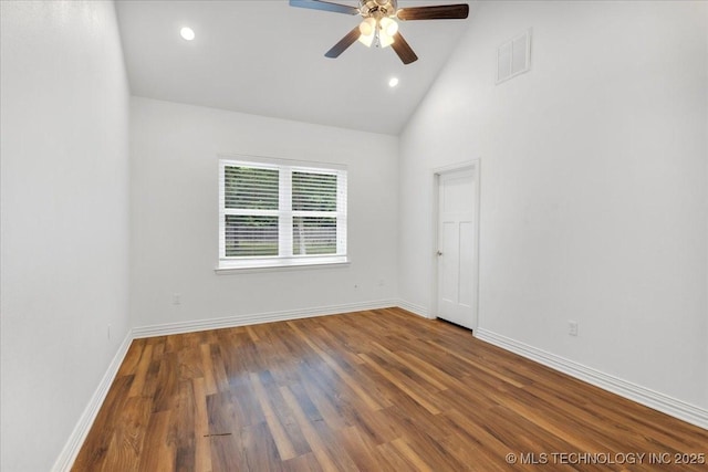 153 Founders Ln, Durant, OK 74701 - empty room featuring a ceiling fan, wood finished floors, high vaulted ceiling, baseboards, and recessed lighting