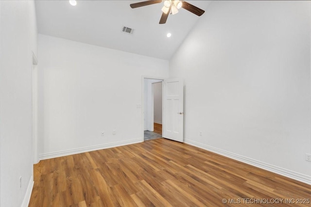153 Founders Ln, Durant, OK 74701 - unfurnished room with high vaulted ceiling, a ceiling fan, wood finished floors, baseboards, and recessed lighting
