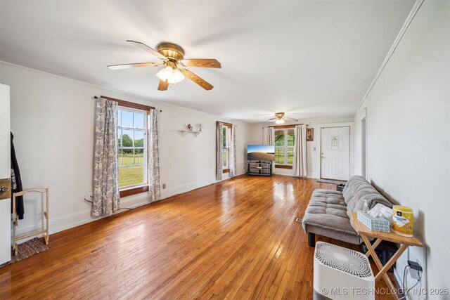 11029 N 3670th Rd, Okemah, OK 74884 - living room with a ceiling fan, plenty of natural light, light wood-type flooring, crown molding, and baseboards
