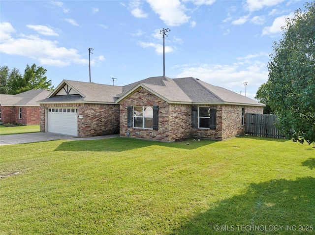 1204 Gantt, Marietta, OK 73448 - ranch-style house with concrete driveway, a garage, brick siding, and a shingled roof