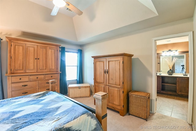 15610 E 91st St, Owasso, OK 74055 - bedroom featuring light carpet, high vaulted ceiling, ensuite bathroom, and ceiling fan