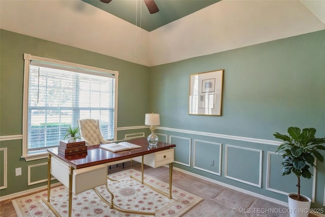 15610 E 91st St, Owasso, OK 74055 - office with ceiling fan, wainscoting, and a decorative wall
