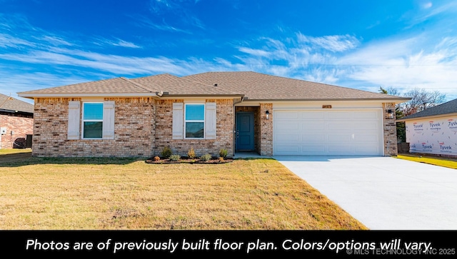 1411 E 149th Pl S, Glenpool, OK 74033 - ranch-style home featuring a garage, concrete driveway, brick siding, and a front lawn