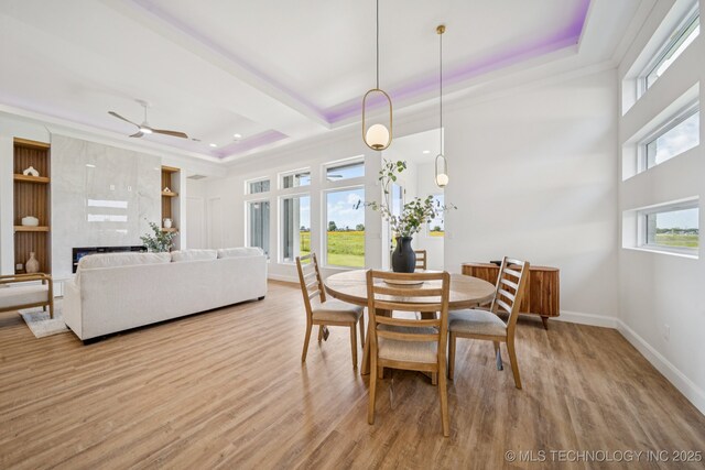 2357 E 134th Cir, Bixby, OK 74008 - dining space with a raised ceiling, light wood-type flooring, ceiling fan, and ornamental molding